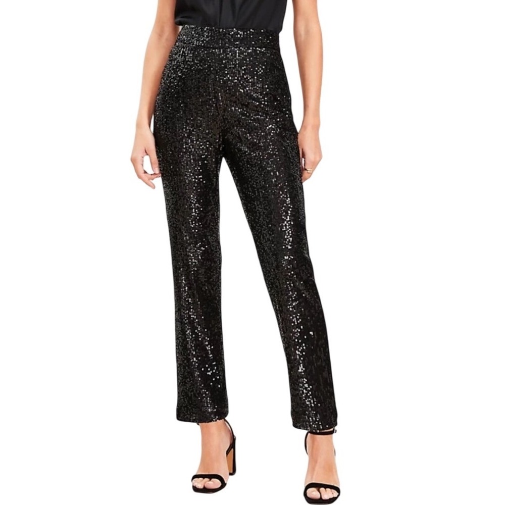 LOFT Womens Black Sequin High Rise Tapered Pants Size 8 Holiday Party Sparkle